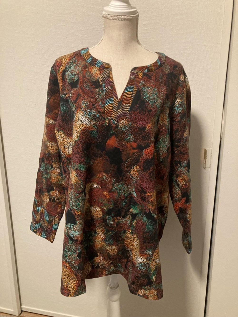 Susan Graver Multicolor Abstract Top in Brown, Teal and Gold